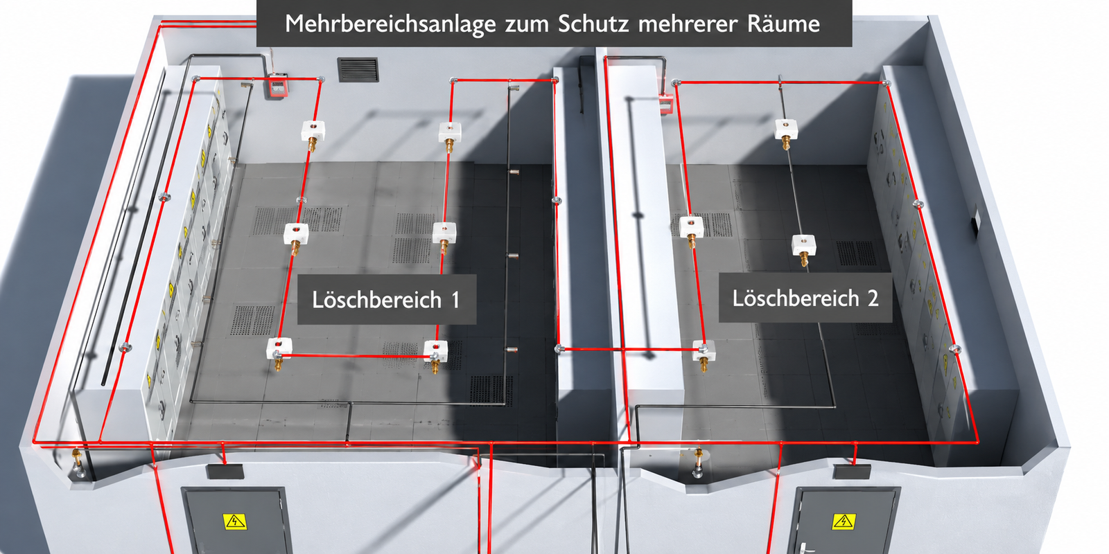 Mehrbereichs-Löschanlage für zwei Räume